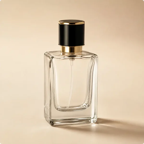 50ml empty refillable glass perfume bottle with black and gold cap