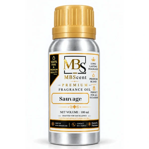 MB Scent Sauvage inspired fragrance oil 100ml silver bottle with gold cap on white background
