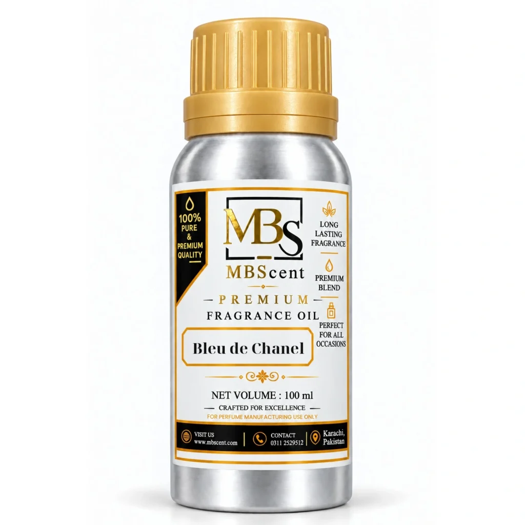 MB Scent Bleu de Chanel inspired fragrance oil 100ml silver bottle with gold cap on white background