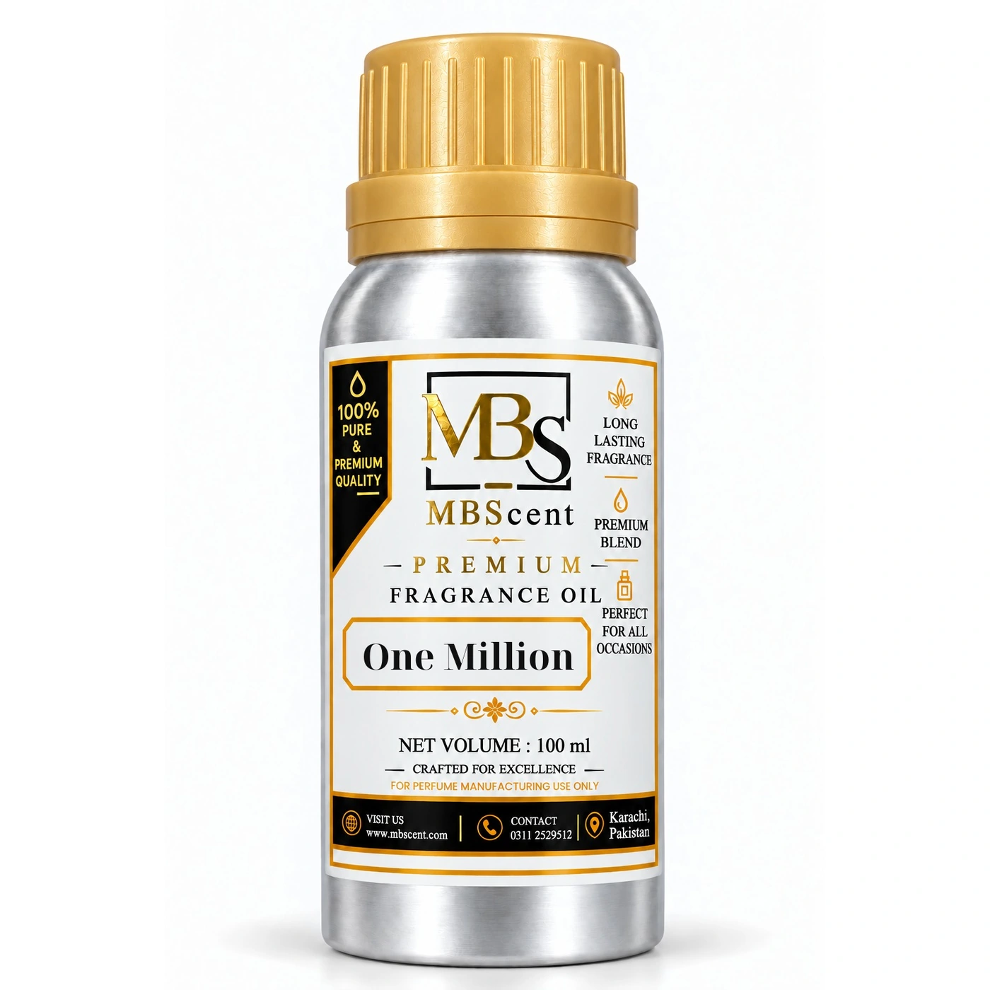 MB Scent One Million Inspired Fragrance Oil - 100ml MB Scent One Million inspired fragrance oil 100ml silver bottle with gold cap on white background