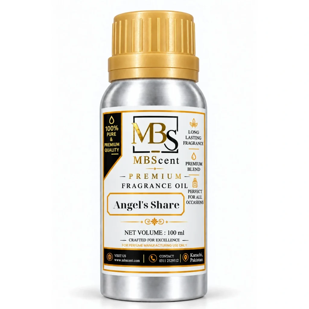 MB Scent Angel's Share inspired fragrance oil 100ml silver bottle with gold cap on white background