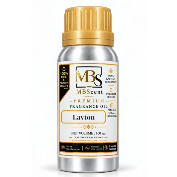 MB Scent Layton inspired fragrance oil 100ml silver bottle with gold cap on white background