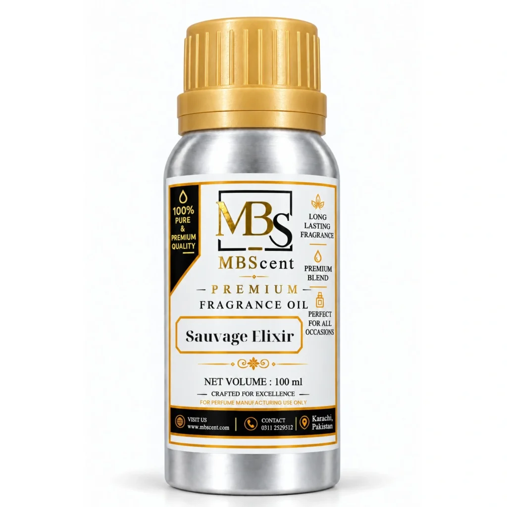 MB Scent Sauvage Elixir inspired fragrance oil 100ml silver bottle with gold cap on white background