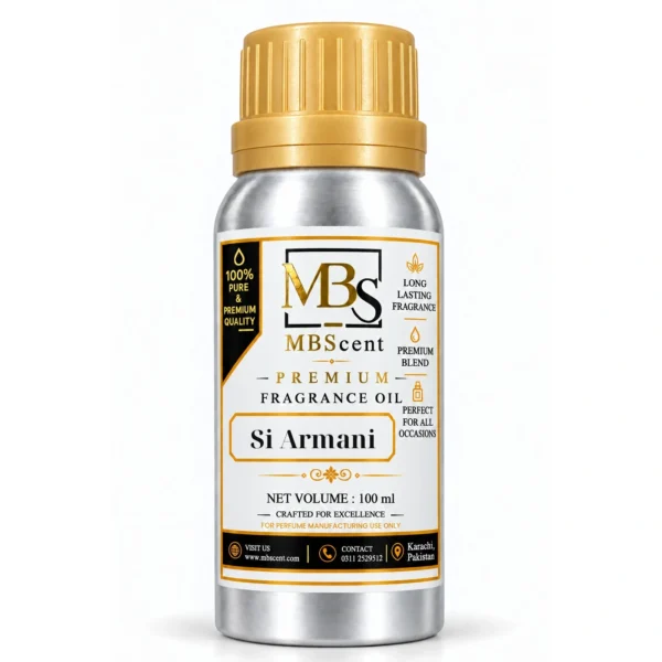 MB Scent Si Armani inspired fragrance oil 100ml silver bottle with gold cap on white background