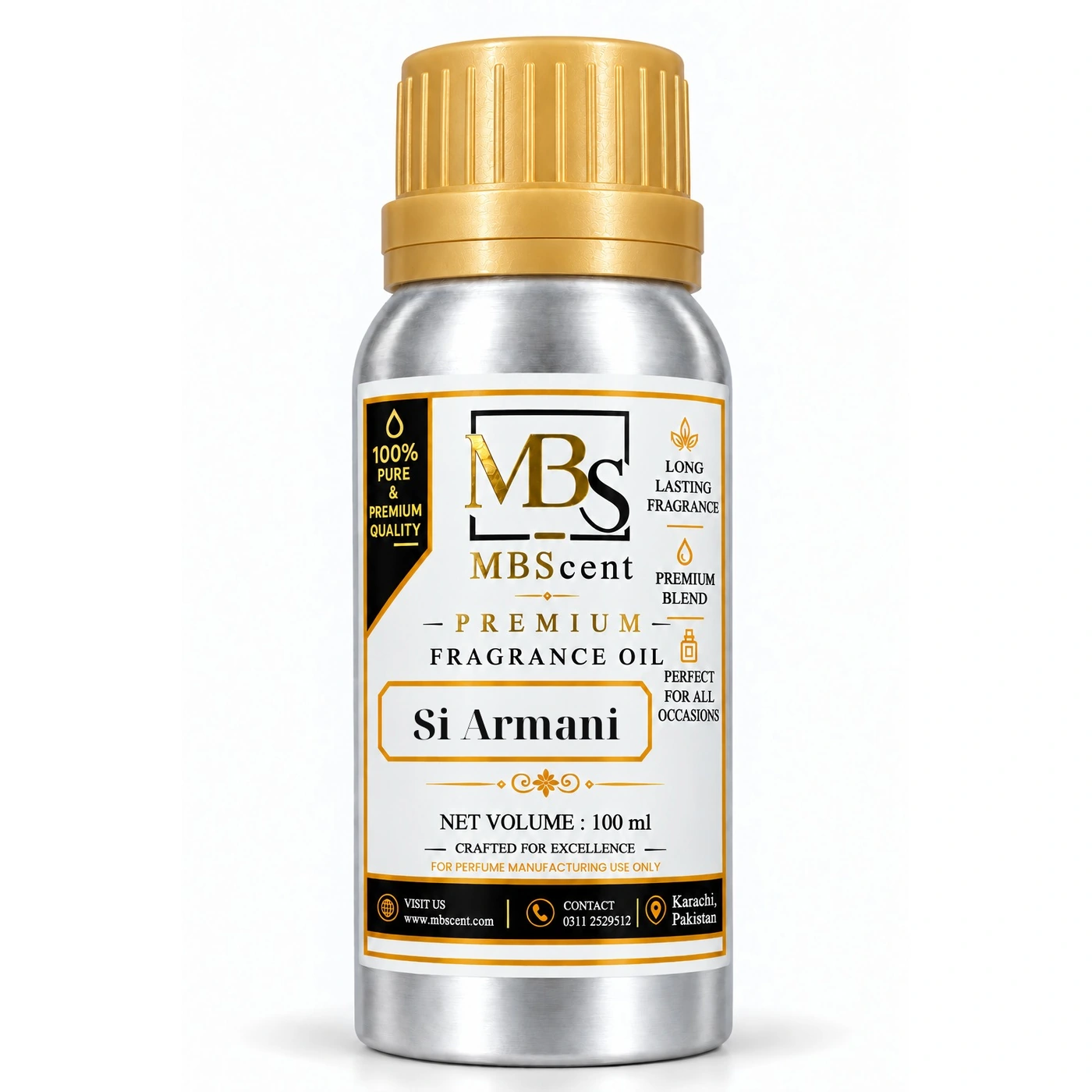 MB Scent Si Armani Inspired Fragrance Oil - 100ml MB Scent Si Armani inspired fragrance oil 100ml silver bottle with gold cap on white background