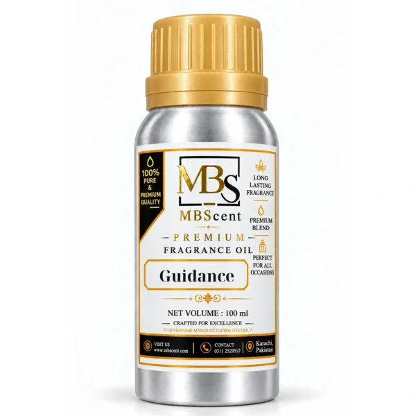 MB Scent Guidance inspired fragrance oil 100ml silver bottle with gold cap on white background