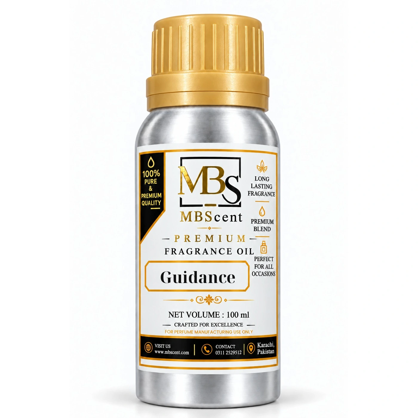 MB Scent Guidance Inspired Fragrance Oil - 100ml MB Scent Guidance inspired fragrance oil 100ml silver bottle with gold cap on white background